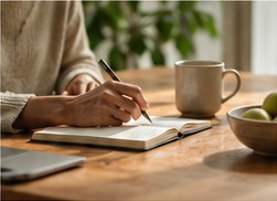 Someone writing in a notebook at a wooden table beside a coffee mug